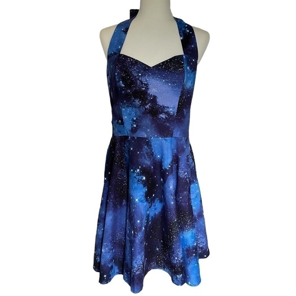 𝅺CYANIDE Kiss Blue Cosmic Galaxy Print Halter Dress - Picture 1 of 12